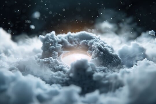 Shadows intertwine in the dark clouds, creating a circle that reveals bright light. The scene is filled with depth and mystery, capturing attention and intrigue