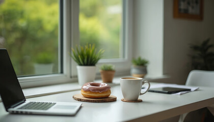 Laptop and coffee sit on white table next to glazed donut and potted plants near window. Soft light streams in, creating calm atmosphere for work or relaxation. Background shows green trees.