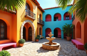Traditional Mexican courtyard features tiered fountain, arched walkways, and vibrant orange, yellow, and teal walls. Palm fronds overhang stone-paved patio, creating tropical vacation ambiance.