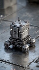 Highly detailed sci-fi robotic unit with weathered metallic finish and glowing lights standing on a reflective industrial surface
