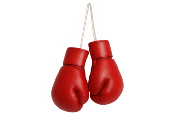 Red boxing gloves hanging, symbolizing retirement from competition, strength, and past athletic career, transparent background