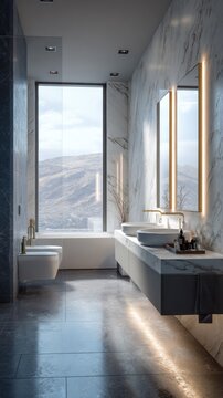 Luxurious modern bathroom with mountain view, freestanding bathtub, double vanity, and white marble design