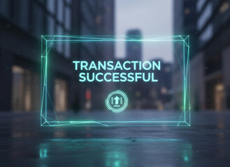 Digital transaction successful neon hologram on futuristic city street