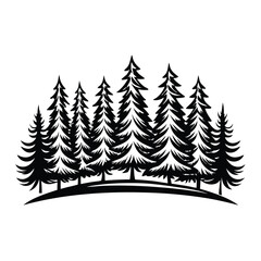 Obraz premium Silhouette Forest Trees Black and White, Coniferous Forest, Evergreen Trees on Hill