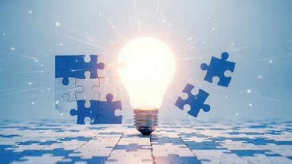 A radiant light bulb illuminates surrounding jigsaw puzzle pieces, symbolizing the innovative idea and collaborative problem-solving process.