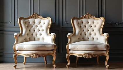 Two elegant white armchairs with gold trim and tufted upholstery stand against a dark gray paneled wall. Luxurious chairs feature intricate carvings and ornate details in a classic interior design.
