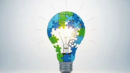 A glowing light bulb formed by interconnected blue and green puzzle pieces, resembling a globe, illuminates gears within, symbolizing global innovation and collaborative solutions.
