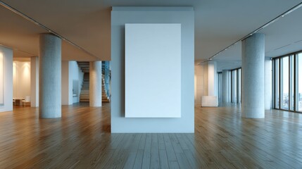 Obraz premium Elegant modern open-plan interior with blank canvas mockup, concrete columns, polished wooden floors, and panoramic city view
