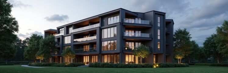 Fototapeta premium Modern apartment building exterior with balconies windows and lush landscaping at dusk. Green grass lawn and trees surround the residential structure with warm interior lighting visible.
