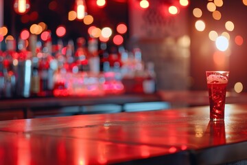 A bar in a luxury casino shows rich gold and red bokeh lights. A glass with a drink sits on a polished counter, setting the mood for an enjoyable night out