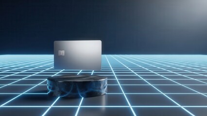 A sleek, modern credit card featuring an EMV chip is digitally presented on a glowing blue grid surface with a dark marble podium, evoking themes of secure future finance and advanced technology.