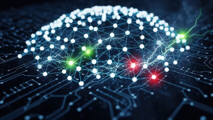 A vibrant digital neural network, representing artificial intelligence and complex brain activity, glows with interconnected nodes and energy bursts on a futuristic circuit board background.