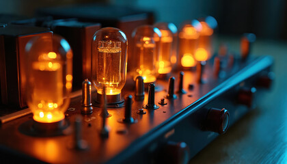 Glowing vacuum tubes light up vintage audio amplifier. Classic analog hi-fi sound equipment with warm orange and blue light. Retro stereo system for music lovers.