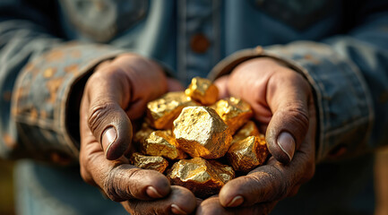 Rough hands hold shiny gold nuggets. Miner displays precious metal treasure discovered through hard work and persistence. Represents wealth and achievement from prospecting.