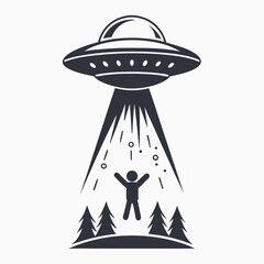 UFO Abduction Silhouette Flying Saucer, Beam of Light, Human Figure, Black and White © Shipon