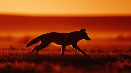 Steppe Wolf Silhouette Walks During Fiery Dusk Representing an Ancestral Guide in Turkic Legends