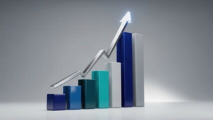 A modern three-dimensional bar graph with an ascending glowing arrow visualizes strong financial growth, market success, and positive business performance.