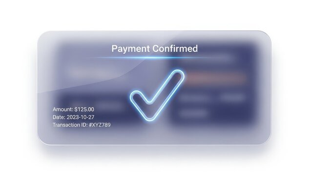 A modern digital payment confirmation screen with a glowing checkmark indicates a successful and secure online transaction.
