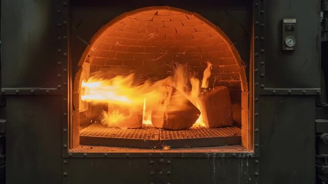 Medium shot of gasfired furnace with visible flame emphasizing efficient heat application critical for transforming refractory clay properties.