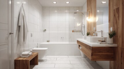 Modern bathroom interior with white marble-look tiles, wooden vanity, double sinks, bathtub, and shower, emphasizing clean lines and luxurious design.