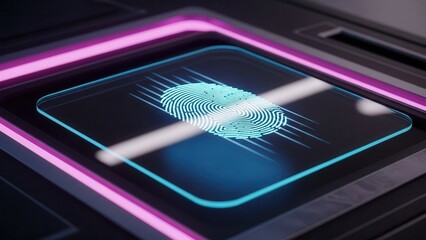 A glowing digital fingerprint on a sleek biometric scanner signifies advanced security and future technology.