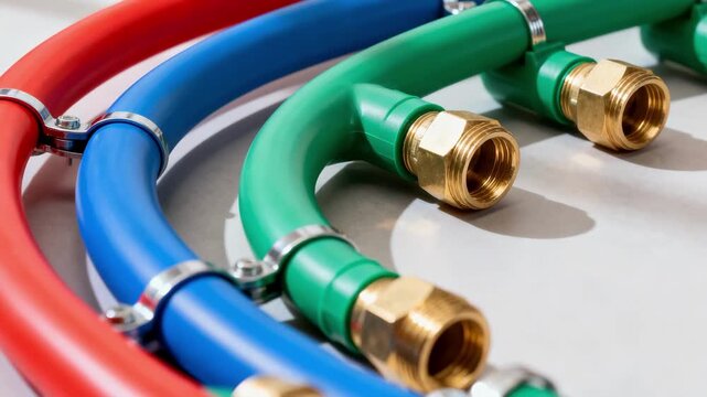 Medium shot of a flexible PEX plumbing network featuring vibrant tubing bends and secure fittings emphasizing ease of installation and adaptability in home water distribution.