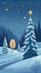 Obraz premium Illustrated Snowy Forest with Christmas Tree and Stars