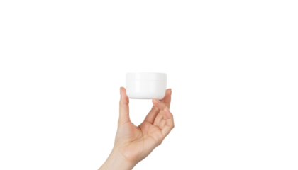 Hand holding a small white bowl or container with a smooth surface against a plain white background object on white and png
