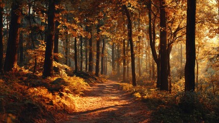 Fototapeta premium Golden sunbeams illuminate a serene autumn forest path, bathed in warm light during golden hour