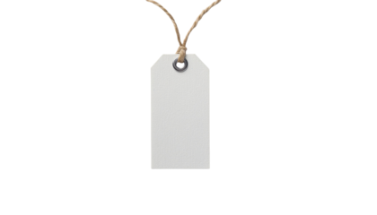 A blank white tag with a metal eyelet hangs from a knotted brown twine string against a plain white background cutout on alpha channel