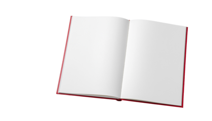Open red book displaying two blank white pages ready for text or images on each side of the spread clean white background cutout