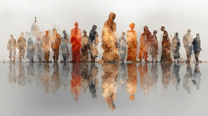 Diverse crowd gathered before iconic government building, symbolizing unity and collective action with abstract watercolor reflection