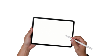 Hands holding a tablet with a blank white screen and a stylus pen for input and drawing purposes plain white background and png