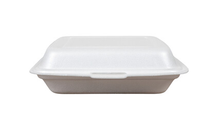 White styrofoam food container with a closed lid, rectangular shape, slightly rounded edges, centered in the frame on white and transparent