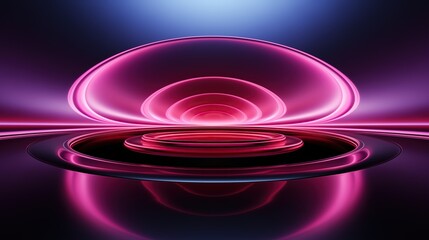 A glowing pink neon stage with a reflection on the floor featuring an abstract round shape as a futuristic shiny design element against a dark blue gradient background.