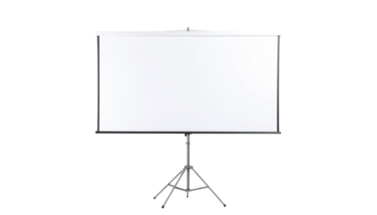 A blank white projector screen is supported by a tripod stand against a plain white background in a studio setting product shot isolated