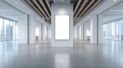 Spacious modern empty office interior with polished concrete floor, large software offering city skyline views, exposed wooden beams, and a central blank vertical billboard display