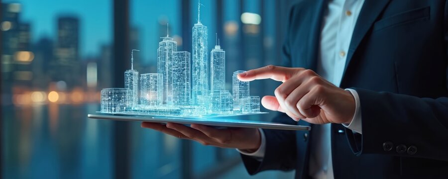 Man with tablet displays glowing 3d city model. Architect plans future construction using digital interface and futuristic technology. Real estate business plans urban development. - Powered by Adobe