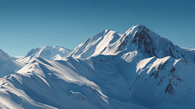 Majestic snow-capped mountain peaks under a clear blue sky, a serene and vast winter landscape showcasing pristine alpine beauty and dramatic rugged terrain. - Powered by Adobe