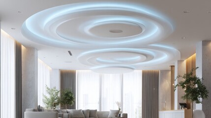 Modern and luxurious living room with sculptural curvilinear ceiling featuring ambient blue led strip lighting and elegant neutral decor