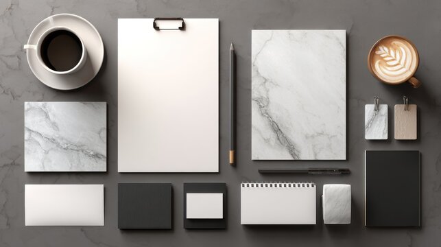 Modern flat lay of professional branding elements and stationery on a textured grey desk, featuring coffee cups, marble accents, blank paper mockups, and office supplies for a clean, minimalist design