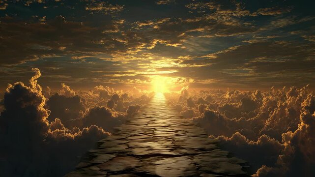 A cracked stone path stretches toward a golden gate among moving clouds. This place represents a journey to a new life and the promise of eternal existence