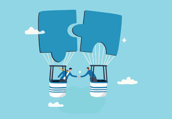 Partnership or teamwork to solve problem, agreement to success together, collaborate or cooperation, people to fit in job, jigsaw puzzle concept, businessman handshake on connect jigsaw balloon.
