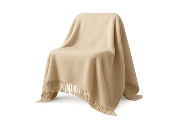 Chair covered by a beige blanket creating a sense of mystery and hidden furniture on a transparent background