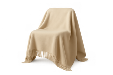 Chair covered by a beige blanket creating a sense of mystery and hidden furniture on a transparent background