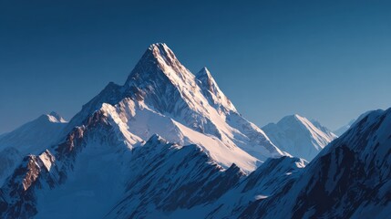 Majestic snow-capped mountain range under a clear blue sky, capturing the grandeur of alpine peaks and icy valleys in morning light