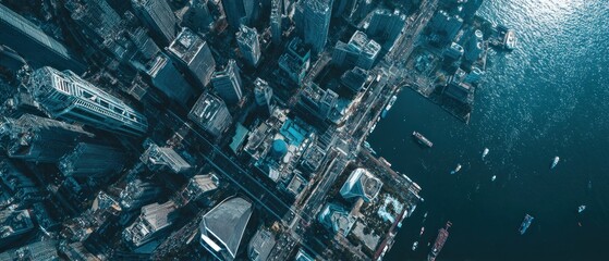 Aerial panorama of a modern metropolitan city with towering skyscrapers, a bustling waterfront, and numerous boats on the deep blue ocean.