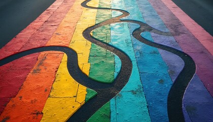 Abstract wavy path on rainbow colored ground. Colorful lines and curves create winding road. Symbol of choices crossroads decision making life journey.