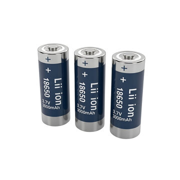 Three 18650 Li-ion 3.7V 3000mAh rechargeable batteries with blue and silver metallic casing, isolated on a transparent background