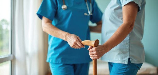 Nurse assists elderly woman with wooden walking cane. Caregiver provides physical therapy support for patient recovery in rehabilitation center. Senior health, mobility, daily aging care is provided.
